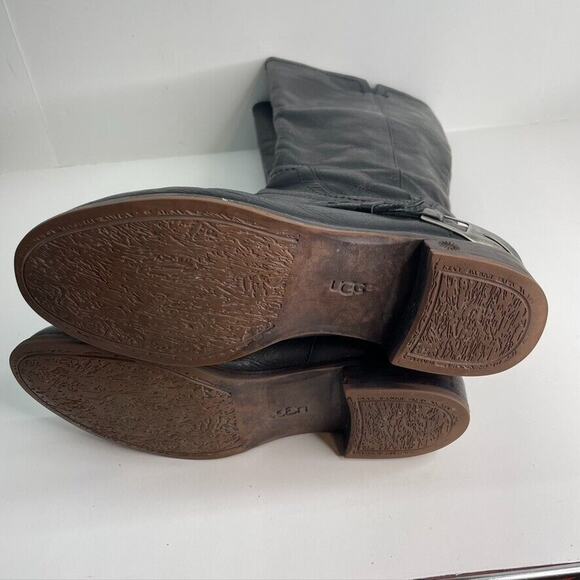 Ugg Womens Boots Sz 7 Channing II Black Leather Harness Knee High Riding Shoes - Picture 8 of 9